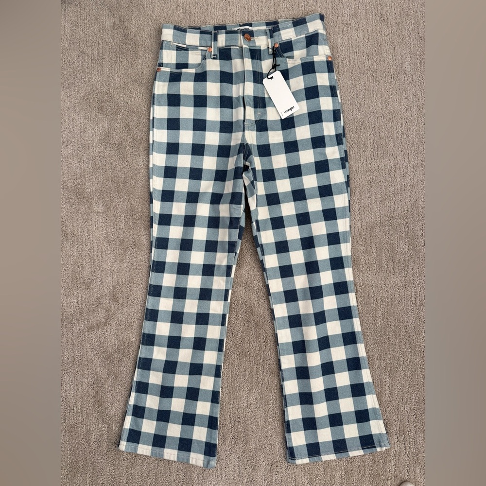 BNWT Wrangler Wrock 672 High Raise Kick Flare Blue Gingham Pants
